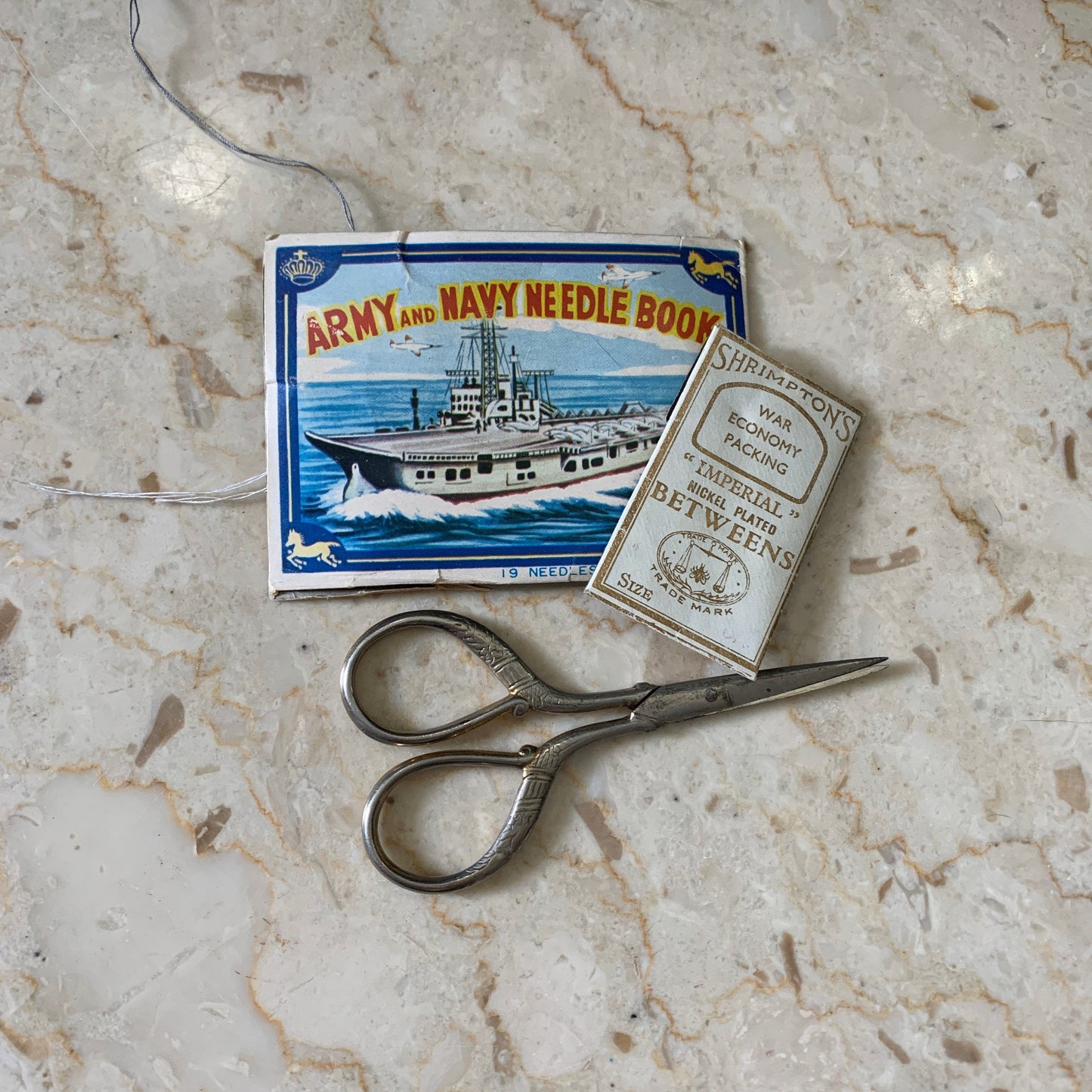 Vintage Sewing Notions Army Navy Needle Book Shrimptons Nickel Plated Betweens Made in Germany Sewing Scissors