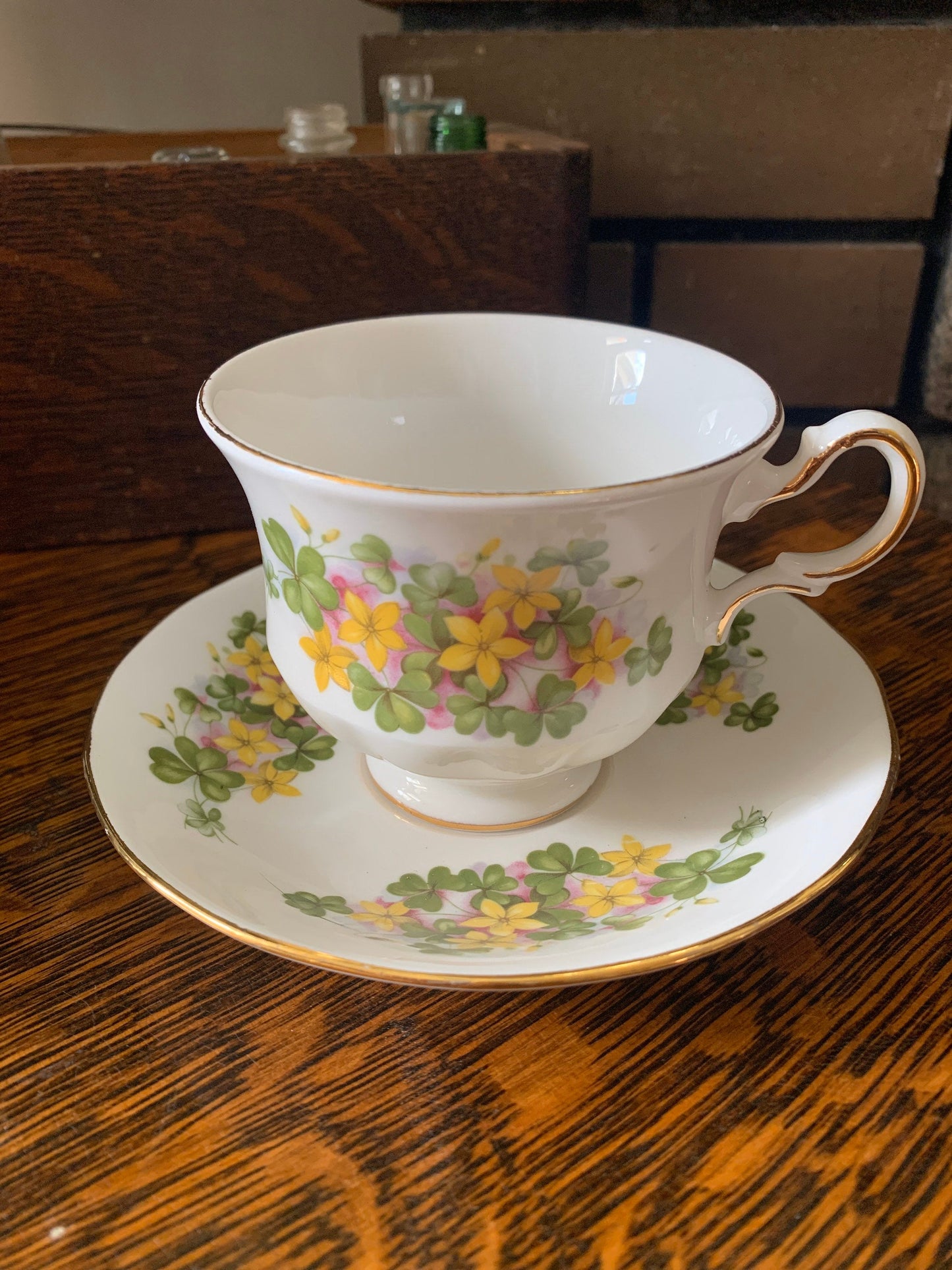 Vintage Teacup with Green Shamrocks and Yellow Flowers