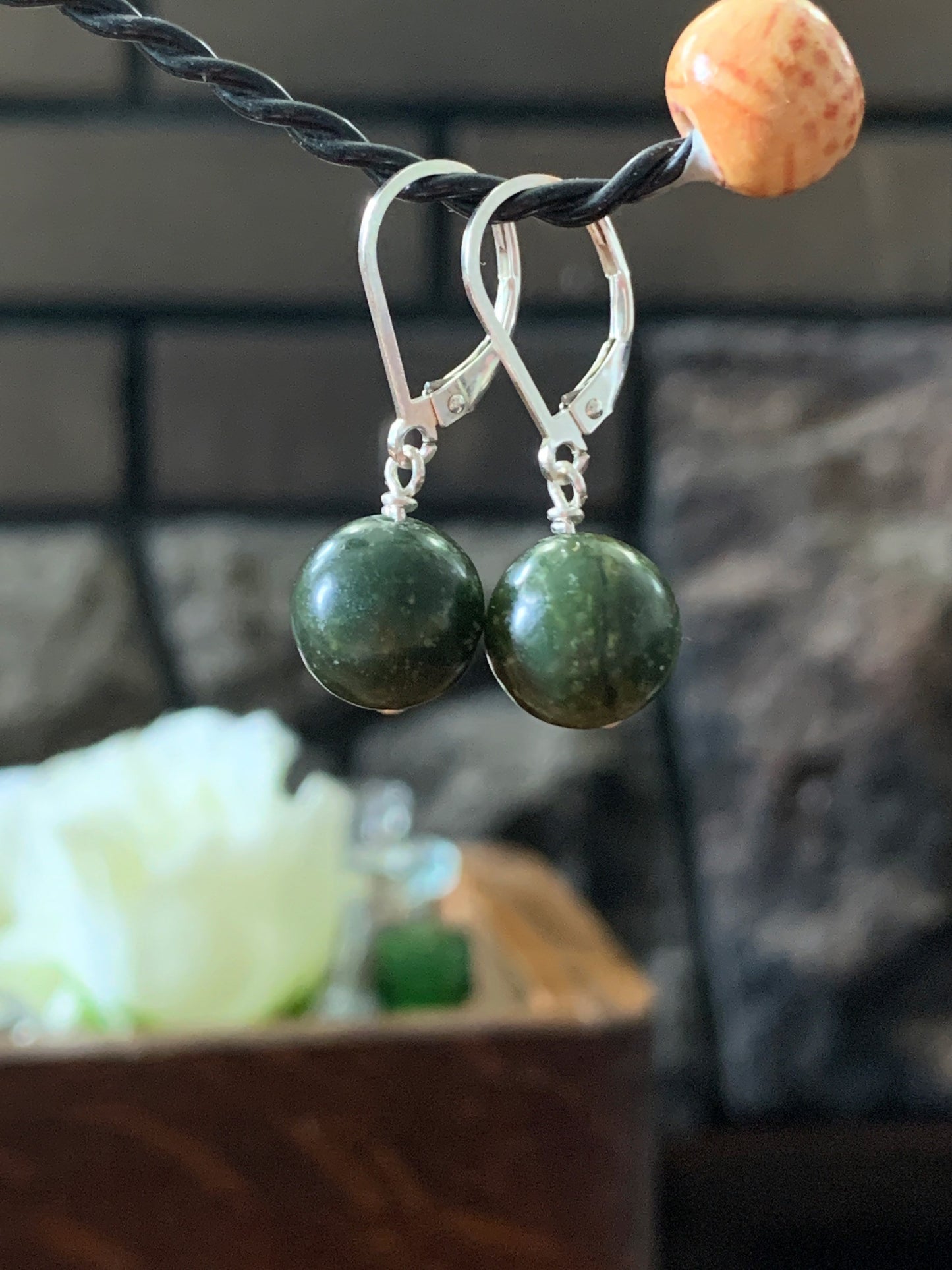 Sterling Silver Drop Earrings, Lucky Jade Lever Back Earrings