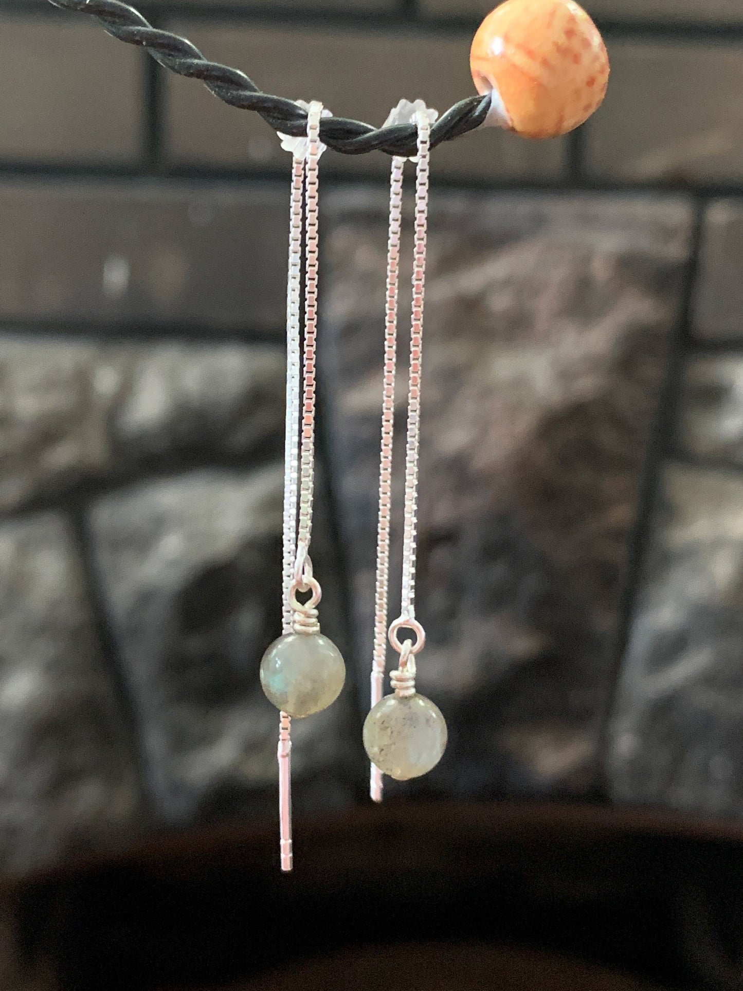 Sterling Silver Ear Threads with Small Labradorite Drops  Minimalist Earrings