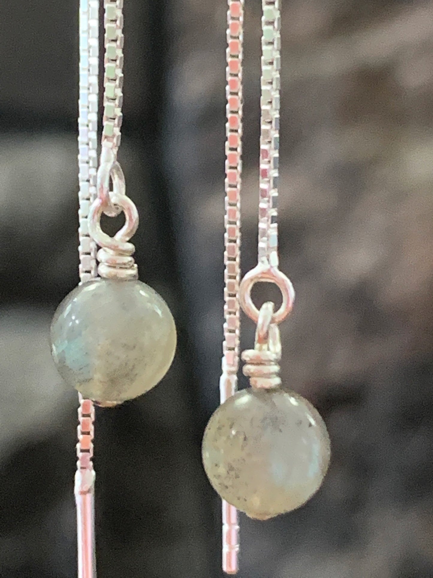Sterling Silver Ear Threads with Small Labradorite Drops  Minimalist Earrings
