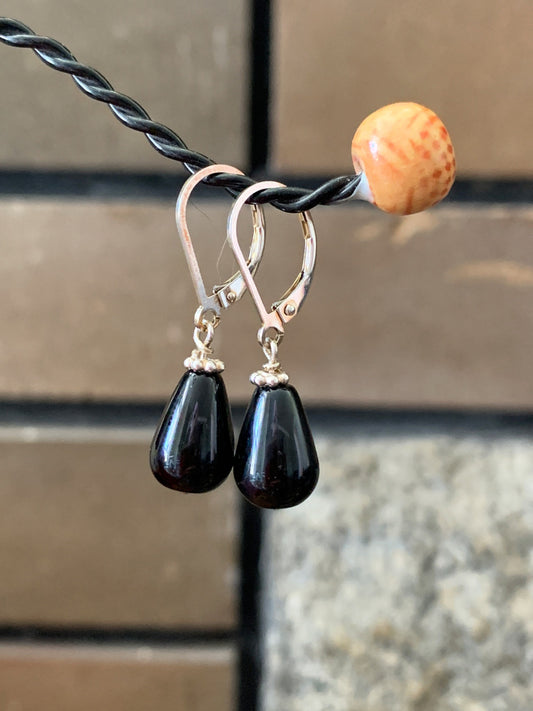 Sterling Silver Gemstone Drop Earrings, Black Onyx Teardrop Bead Earrings, Silver Lever Back Earrings