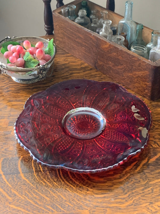 Indiana Glass Heirloom Sunset Red Platter, Indiana Glass Company Iridescent Glass Platter, Red Carnival Glass Sandwich Tray