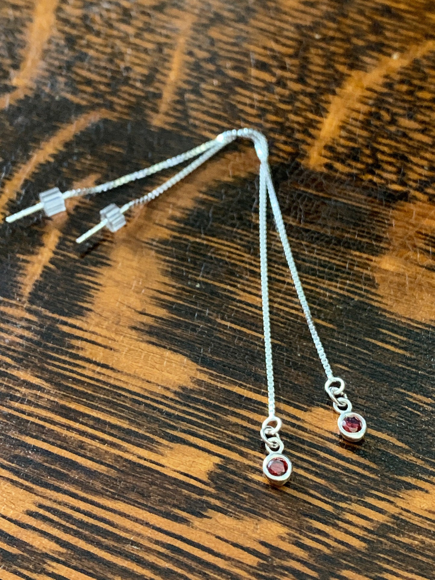Sterling Silver Ear Threads with Small Garnet cz Drops  Minimalist Earrings