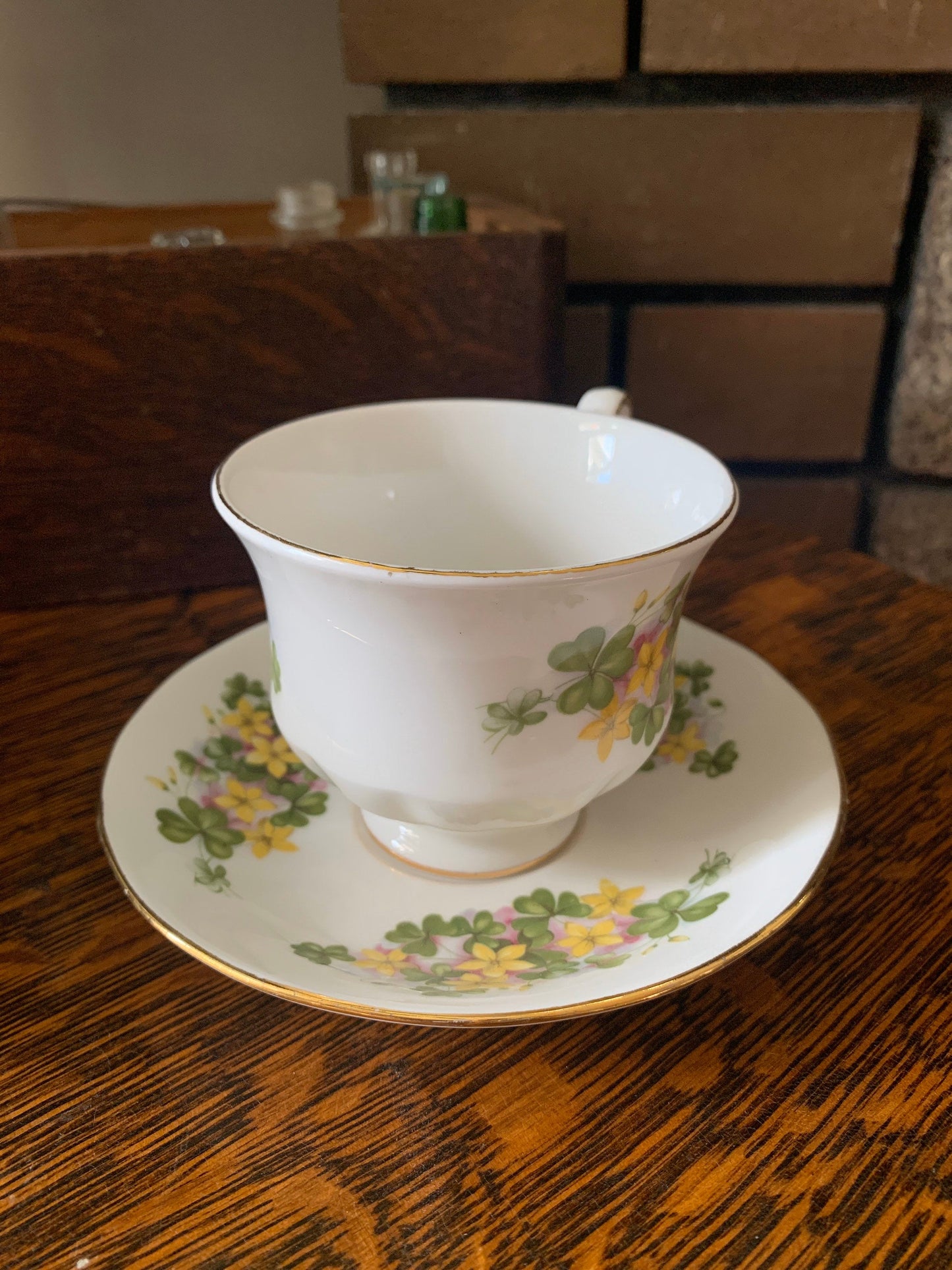 Vintage Teacup with Green Shamrocks and Yellow Flowers