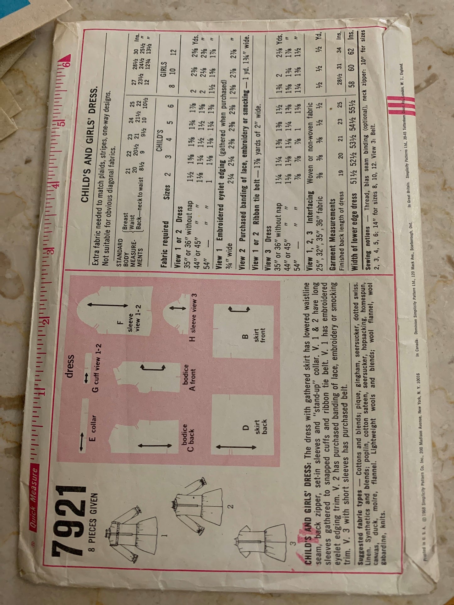 Girl’s Size 8 Short or Long Sleeved Dress Vintage Sewing Pattern Simplicity 7921