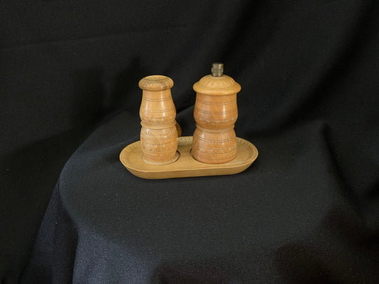 Vintage Wooden Salt Shaker and Pepper Mill with Tray