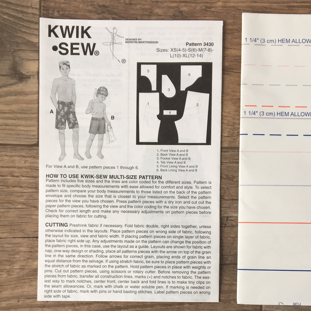 Boys Swimwear Sewing Pattern Size 4 to 14 Kwik Sew 3430