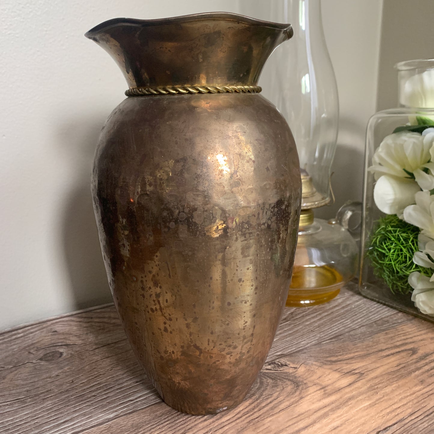 Tall Brass Vase with Tassels, Vintage Brass Planter