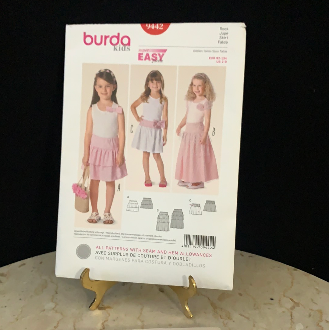 3 in 1 Kids Skirt Sewing Pattern Burda 9442 Tiered Skirt, Full Skirt, Ankle Length Skirt Pattern