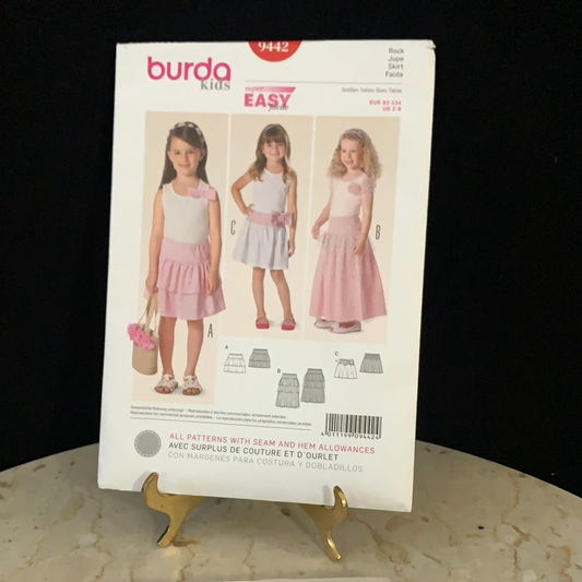 3 in 1 Kids Skirt Sewing Pattern Burda 9442 Tiered Skirt, Full Skirt, Ankle Length Skirt Pattern