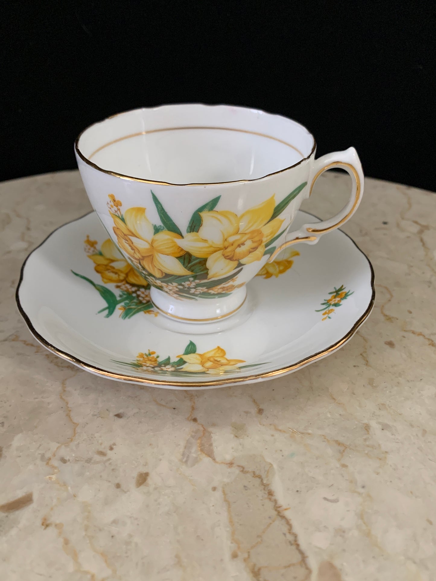 White Tea Cup with Daffodil Bouquet Vintage Floral Teacup