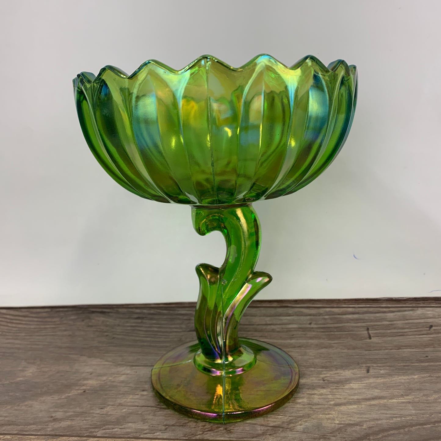 Indiana Lotus Green Carnival Glass Flower Shaped Pedestal Dish