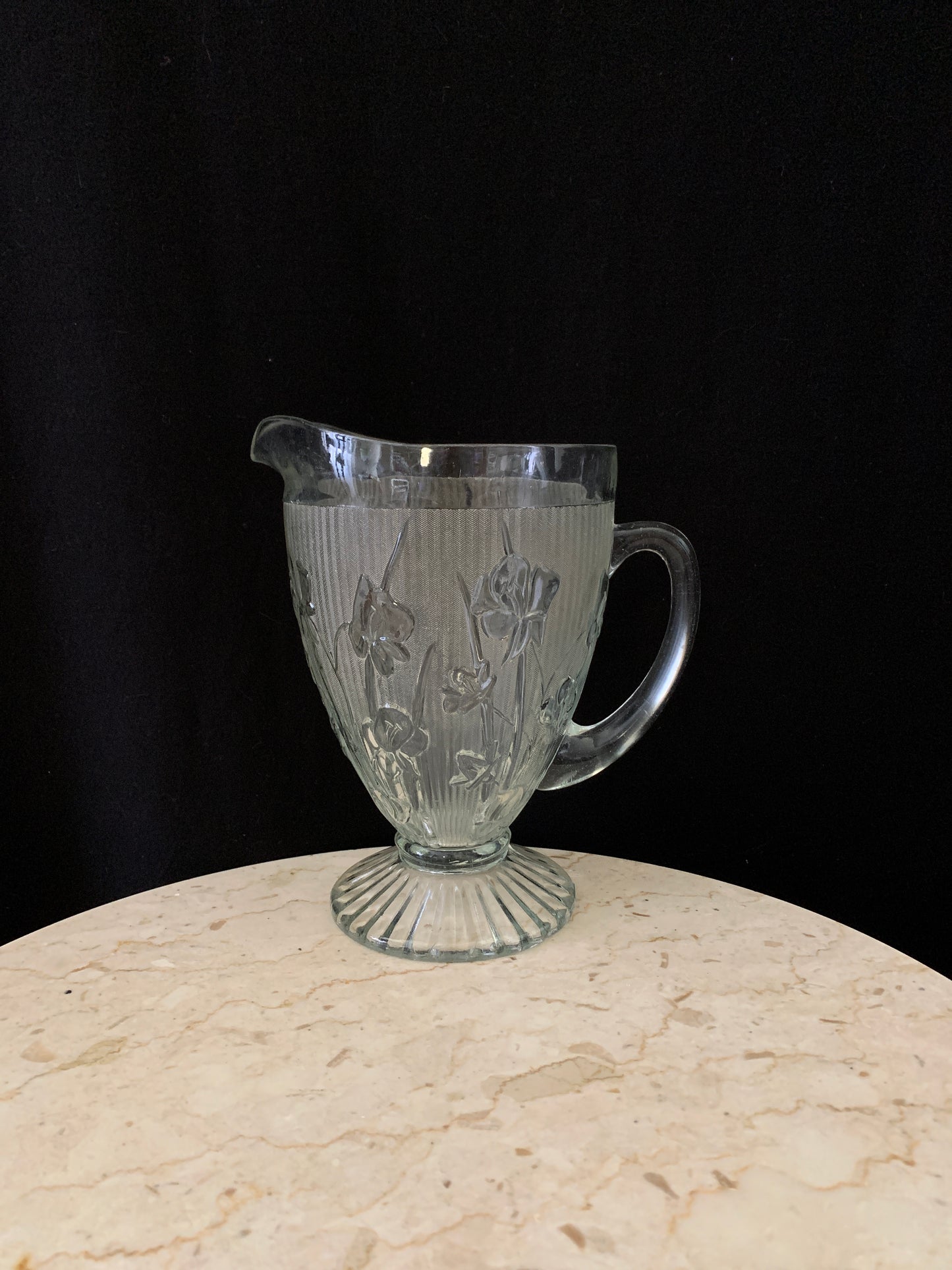 Iris and Herring Bone Large Water Jug Depression Glass Pitcher Jeanette Glass 56 oz Lemonade Pitcher