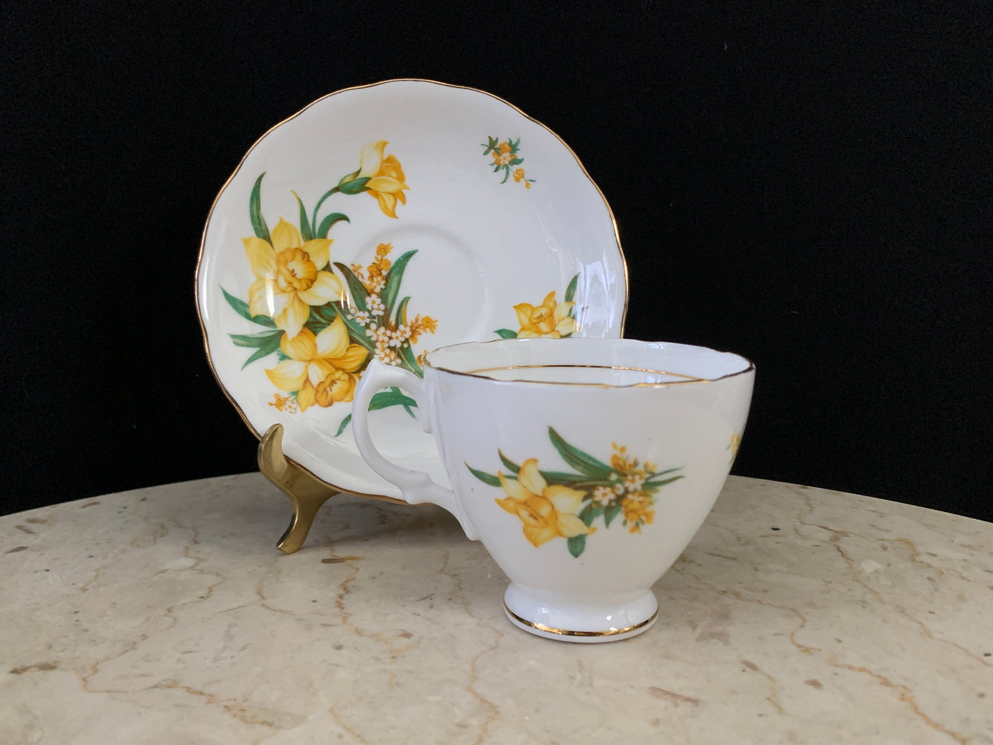 White Tea Cup with Daffodil Bouquet Vintage Floral Teacup