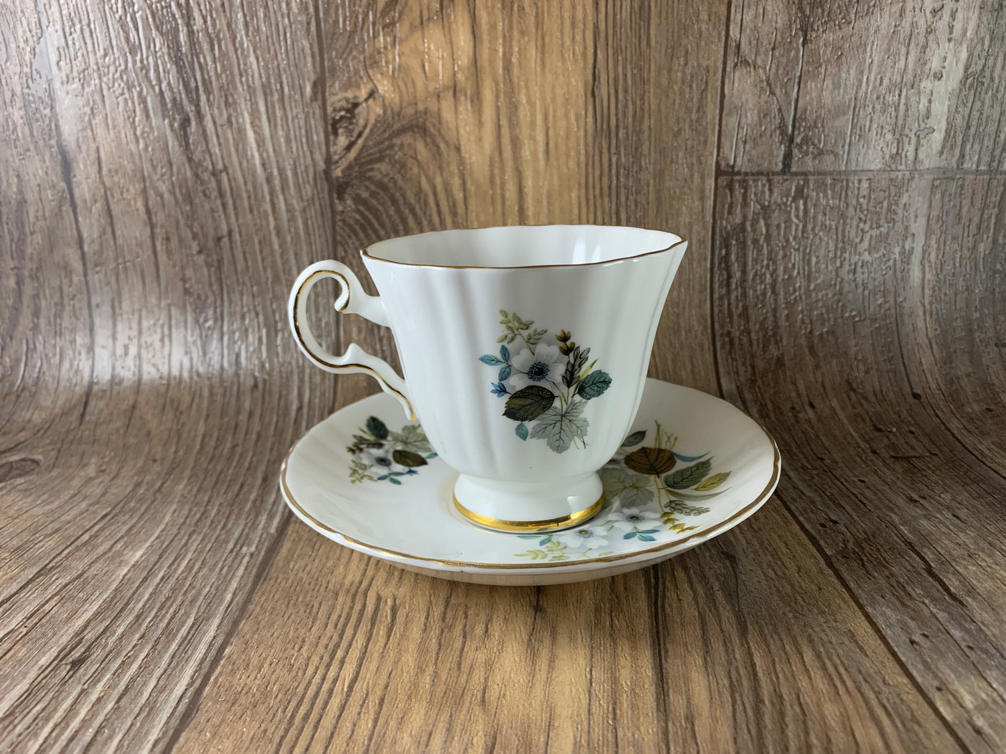 Vintage Teacup Royal Grafton Blue Grey and Yellow Floral Teacup and Saucer