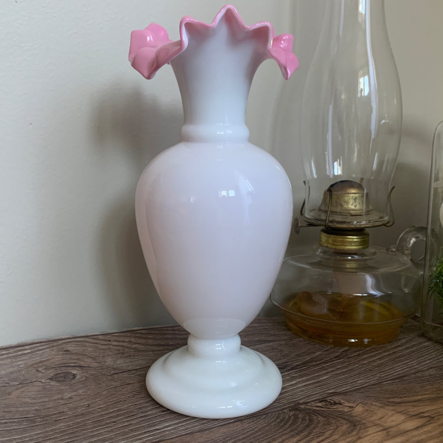 Antique Blown Glass Mantle Vases White and Pink Hand Painted Vase Pair