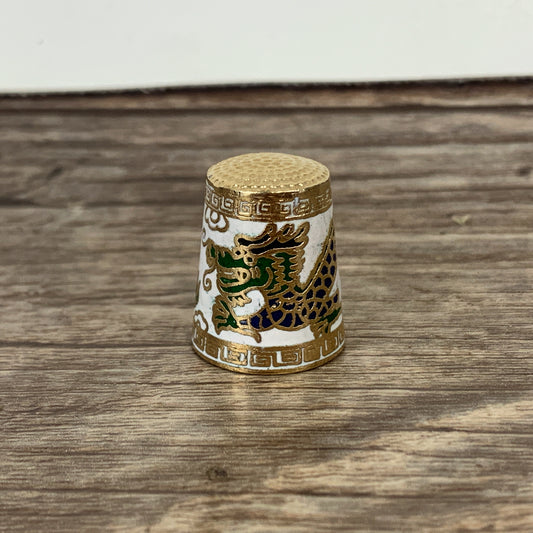 White and Gold Enamel Thimble with Dragon Design