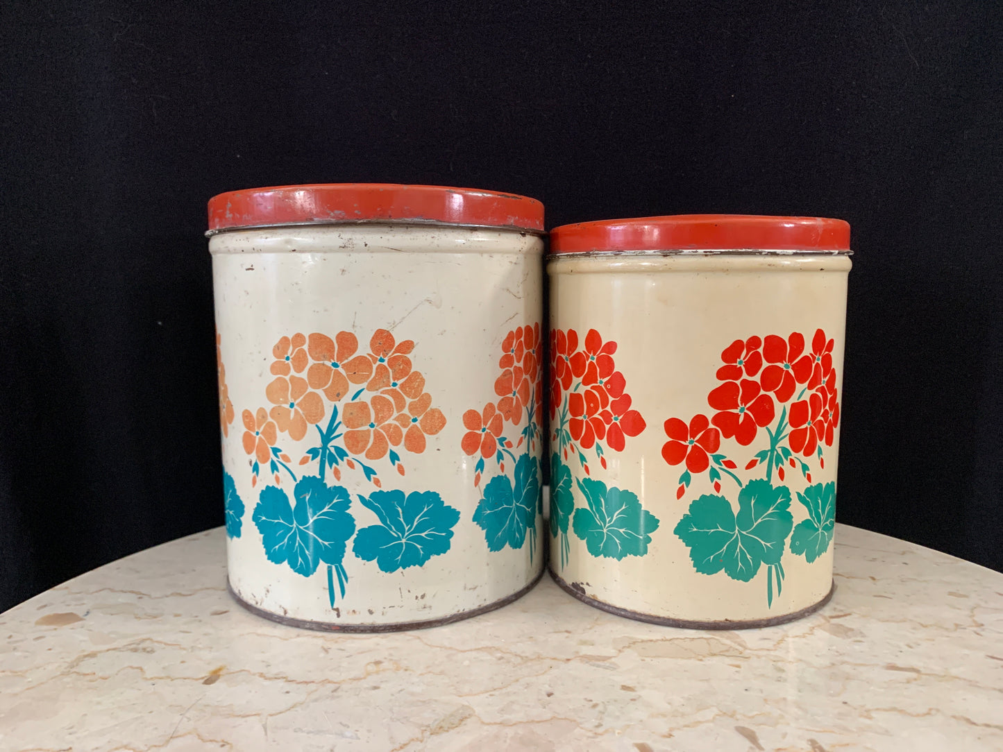 Vintage Tin Canister Set Yellow w/ Red Flowers Chippy Distressed Vintage Farmhouse Decor