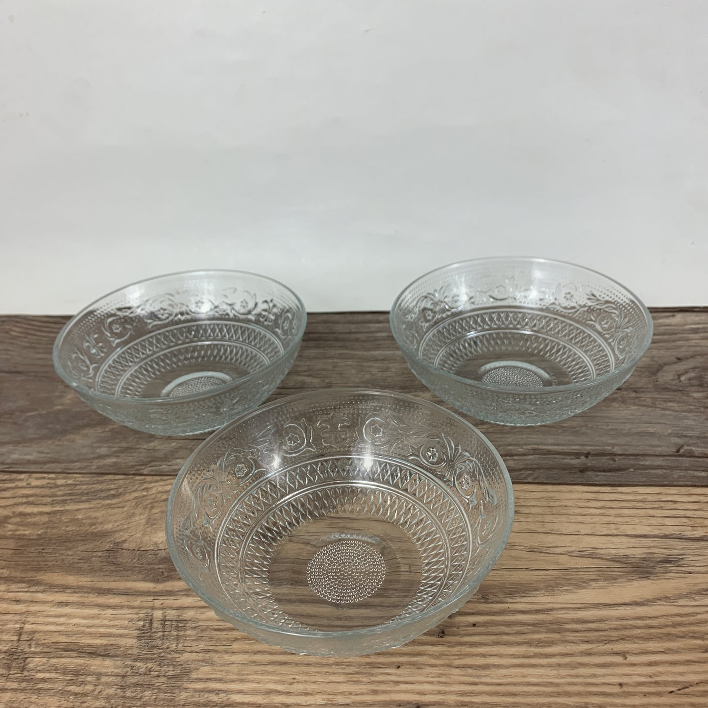 KIG Indonesia Trellis Pattern, 3 Small Berry Bowls, Clear Pressed Glass Bowls