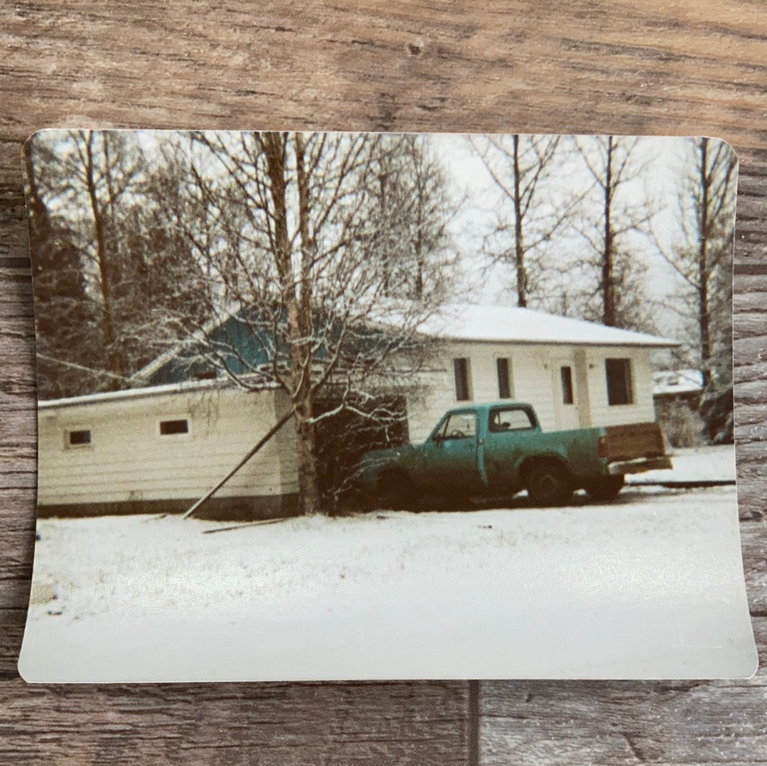 Blue Truck at House in Winter Vintage Photograph