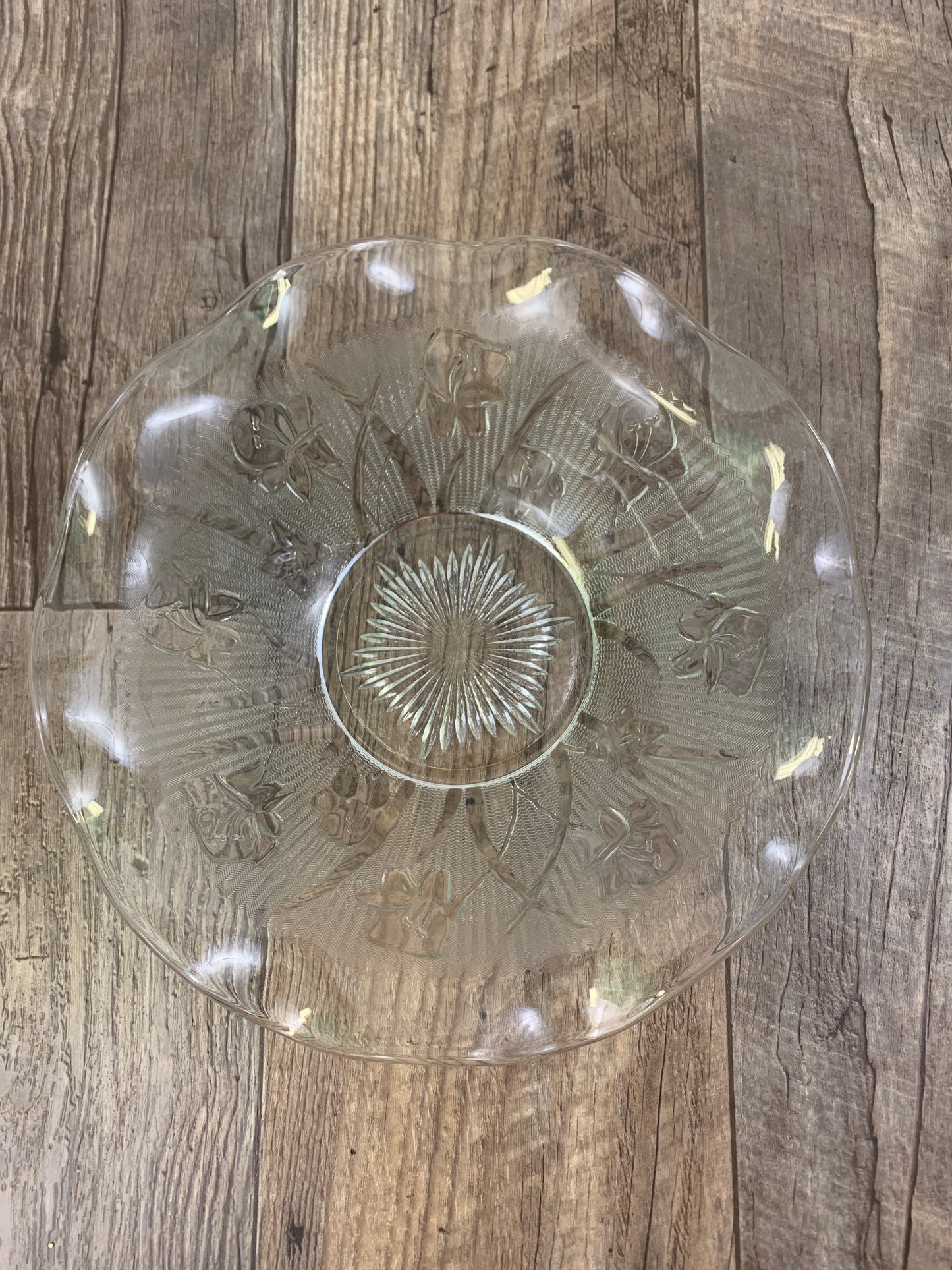 Clear Glass Vintage Serving Bowl Jeanette Glass Iris and Herringbone 9 3/4" Fluted Salad Bowl