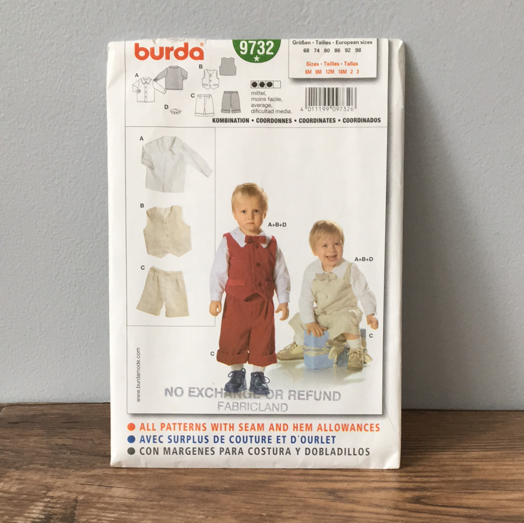Boys Formal Shirt Vest and Pants Sewing Pattern Size 6M to 3T Burda 9732