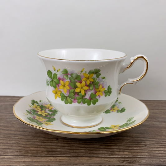 Vintage Teacup with Green Shamrocks and Yellow Flowers