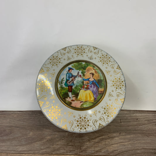 Vintage Cookie Tin White with Gold Design and Vintage Love Story Scene