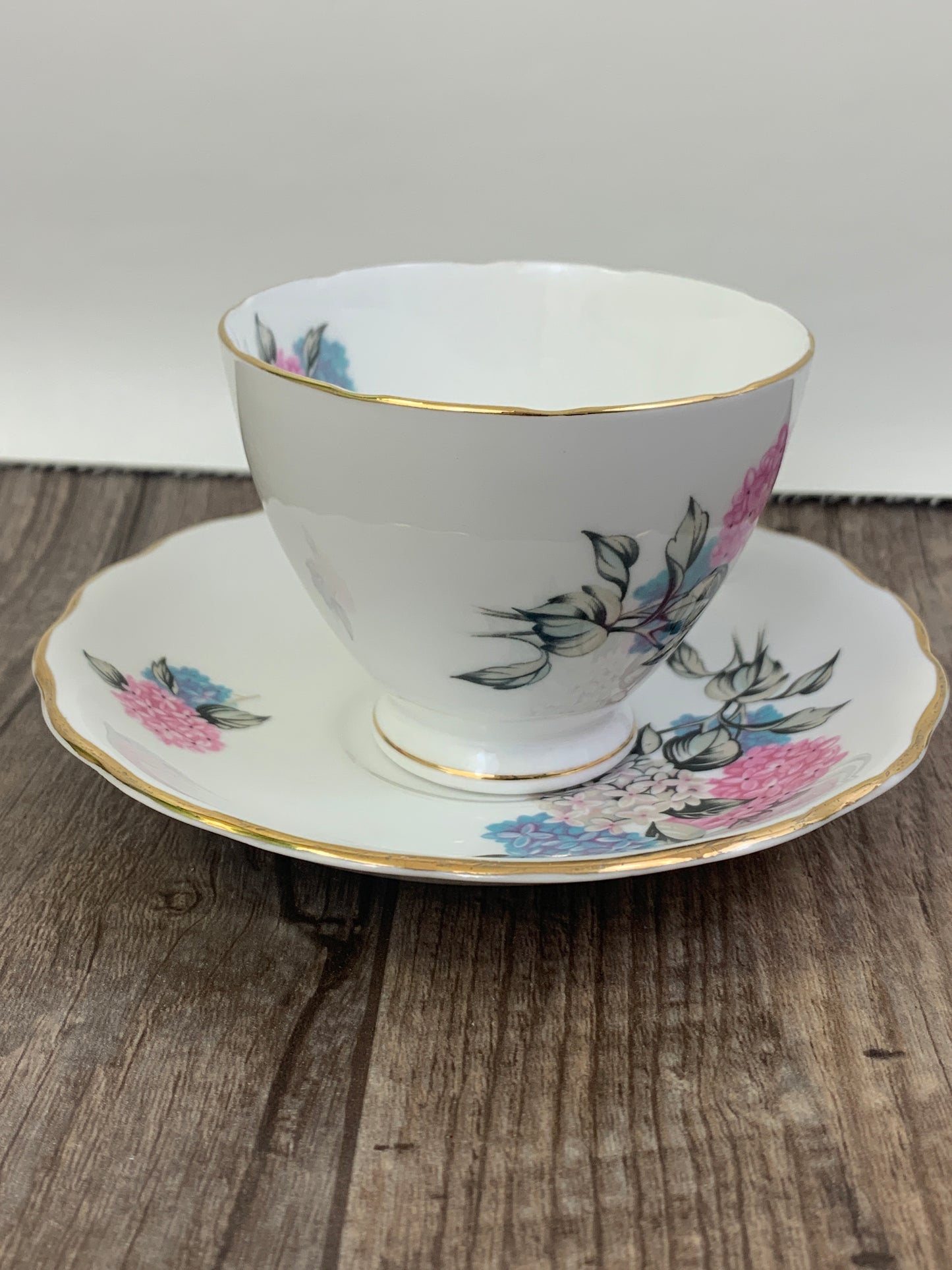 Vintage Teacup with Pink and Blue Hydrangeas