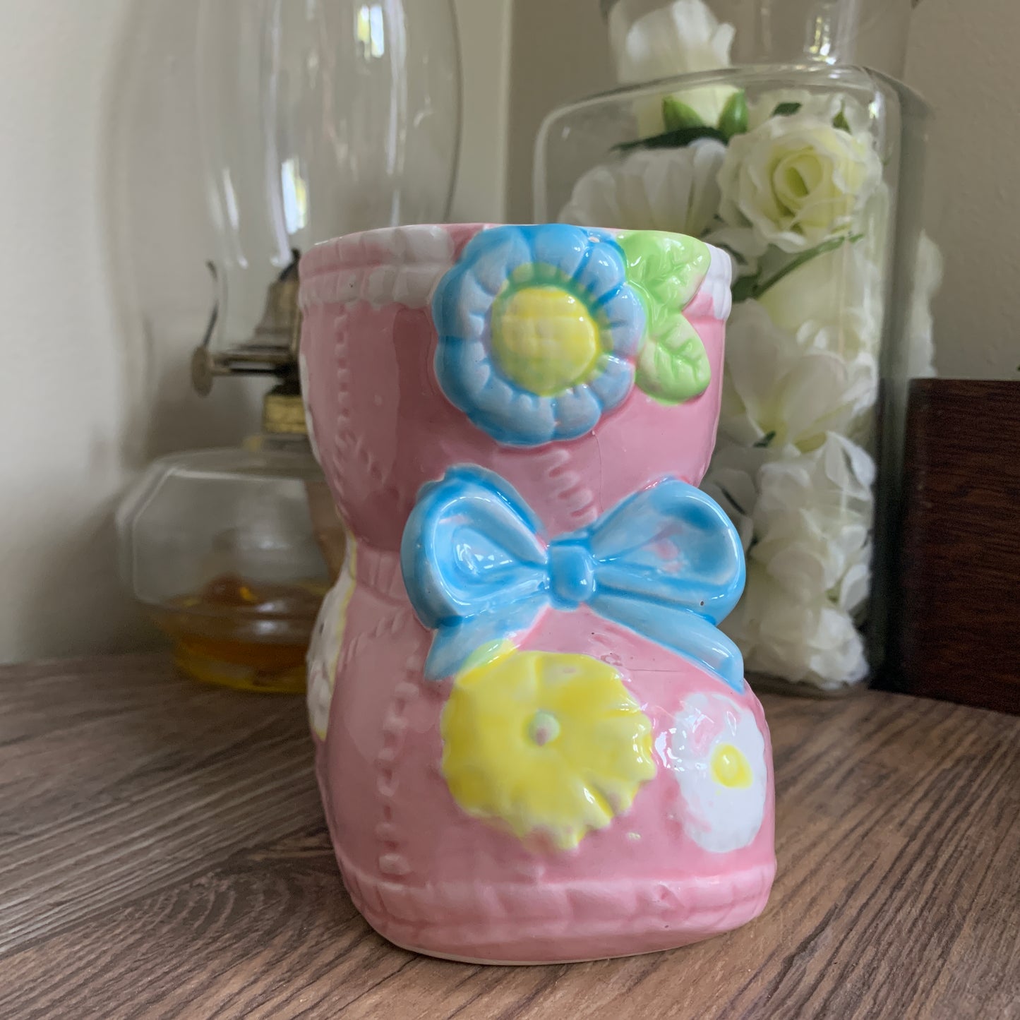 Pink Baby Bootie Ceramic Planter or Flower Vase Shower Gifts for Baby Girl