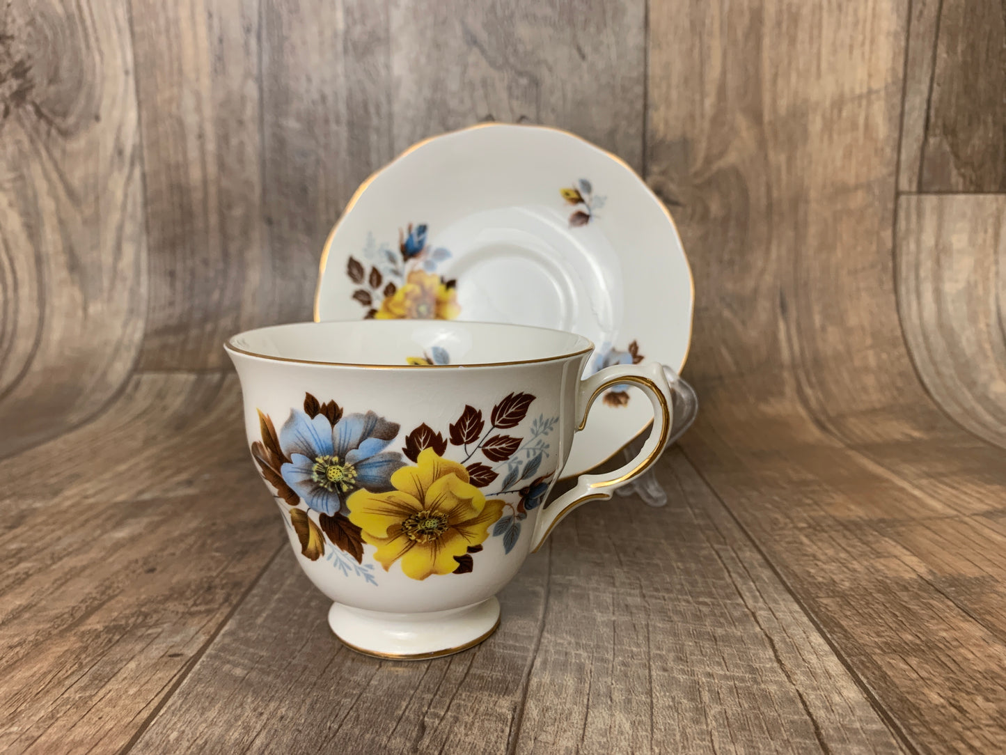 Vintage Floral Teacup Yellow and Blue Pattern Royal Vale Vintage English Tea Cup