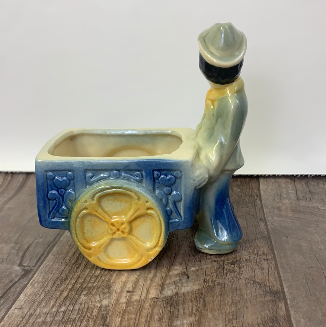 Vintage Ceramic Planter Man with a Flower Cart Blue and Yellow Vintage Home Decor