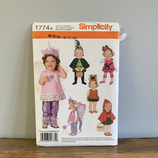 Toddler Costume Pieces Top Pants Cape Unicorn Witch Hat Sewing Pattern Size Half to 4 Simplicity 1774