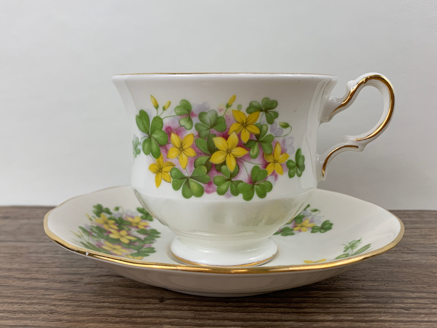 Vintage Teacup with Green Shamrocks and Yellow Flowers