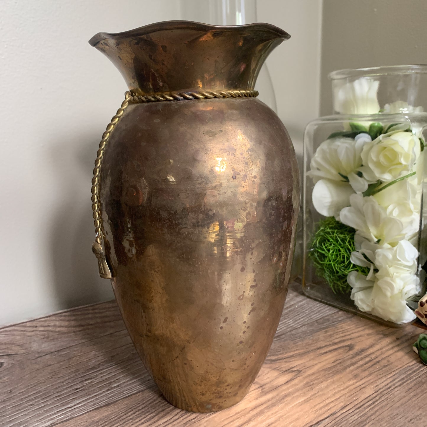 Tall Brass Vase with Tassels, Vintage Brass Planter