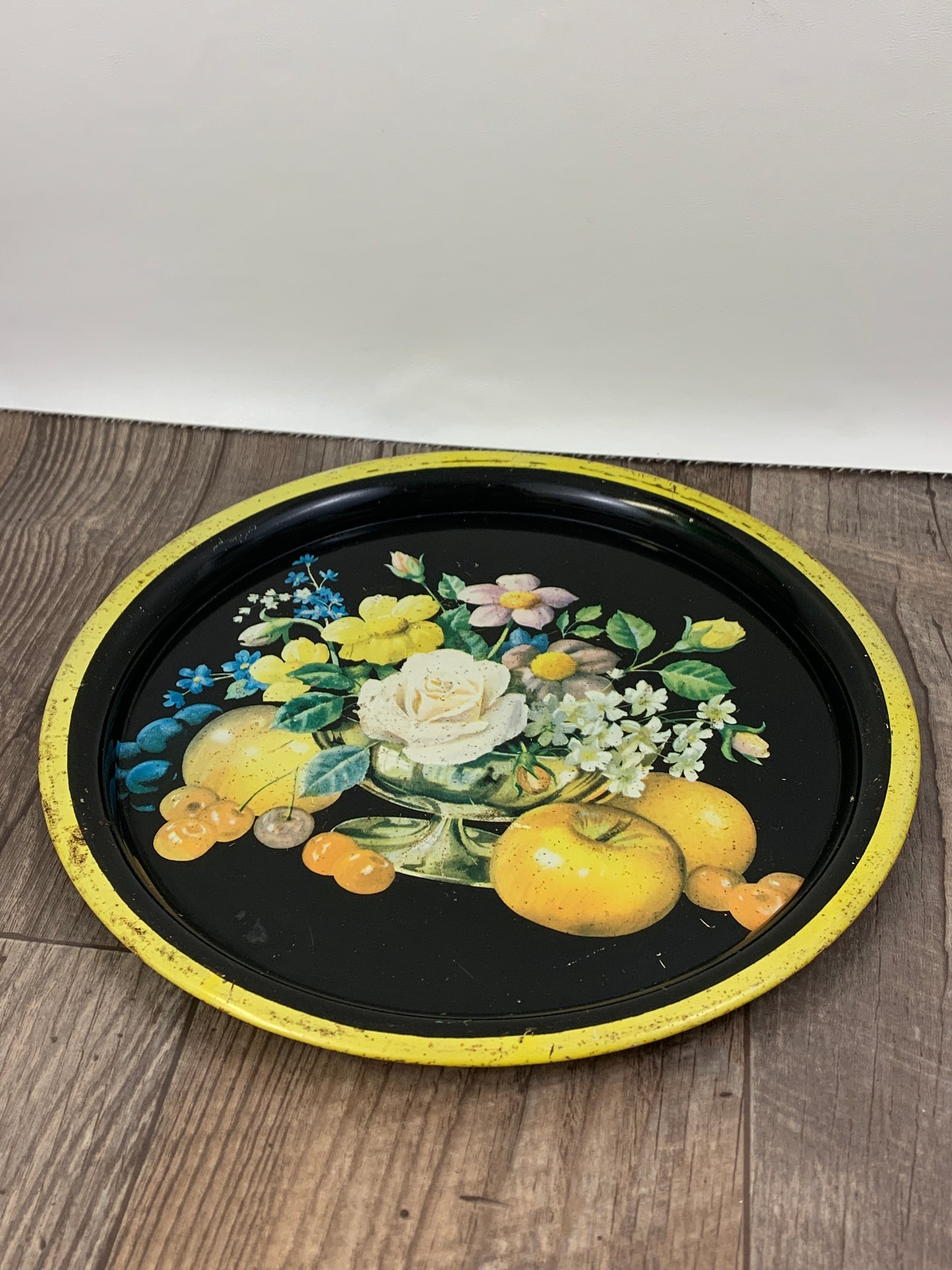 Vintage Round Tray with Floral Pattern Black and Yellow Tray Vintage Farmhouse Decor