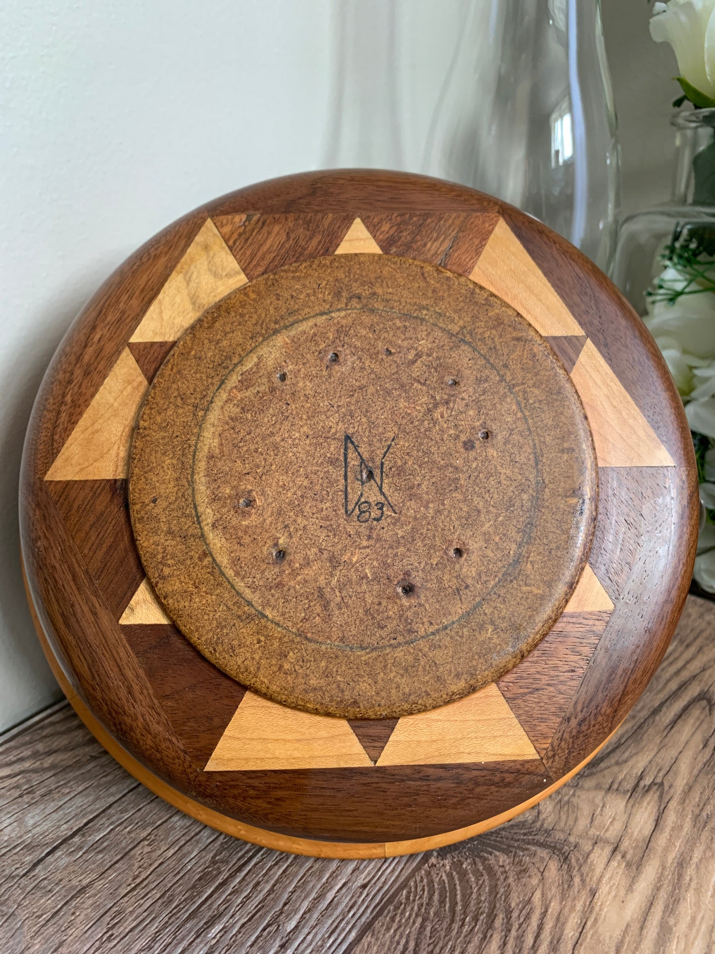 Vintage Wood Turned Bowl Multi Coloured Wood Hand Made Geometric Pattern Vintage Home Decor