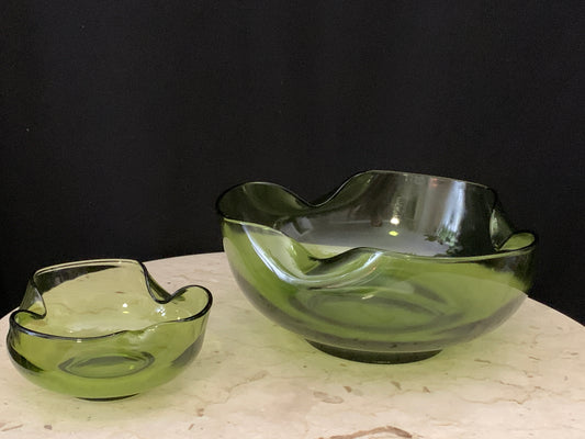 Anchor Hocking Vintage Green Glass Chip and Dip Bowls - Set of Two Bowls