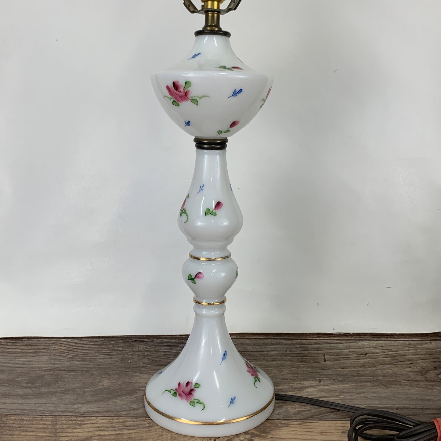 Vintage Milk Glass Table Lamp with Hand Painted Floral Design