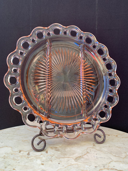 Blush Pink Depression Glass Divided Platter Old Colony Laced Edge