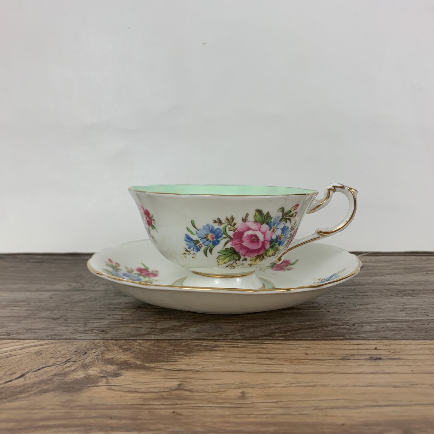 White and Mint Green Double Warrant English Tea Cup Vintage Paragon Teacup,