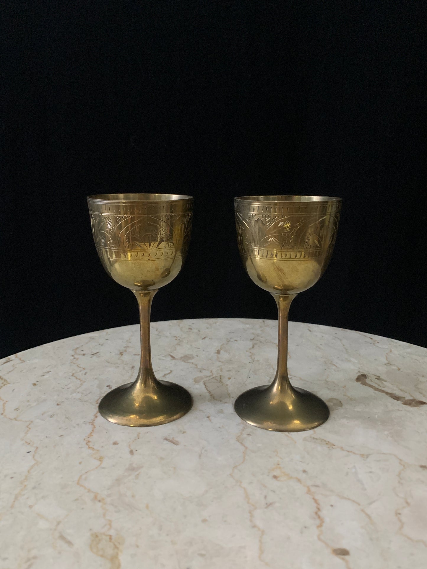 Pair of Brass Wine Goblets with Engraved Floral Design