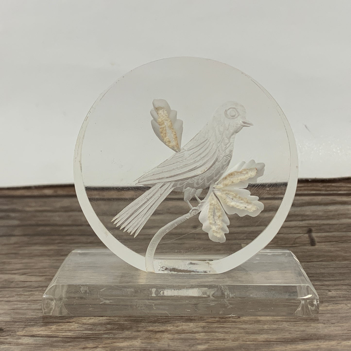 Small Lucite Desk Decor with Etched Bird