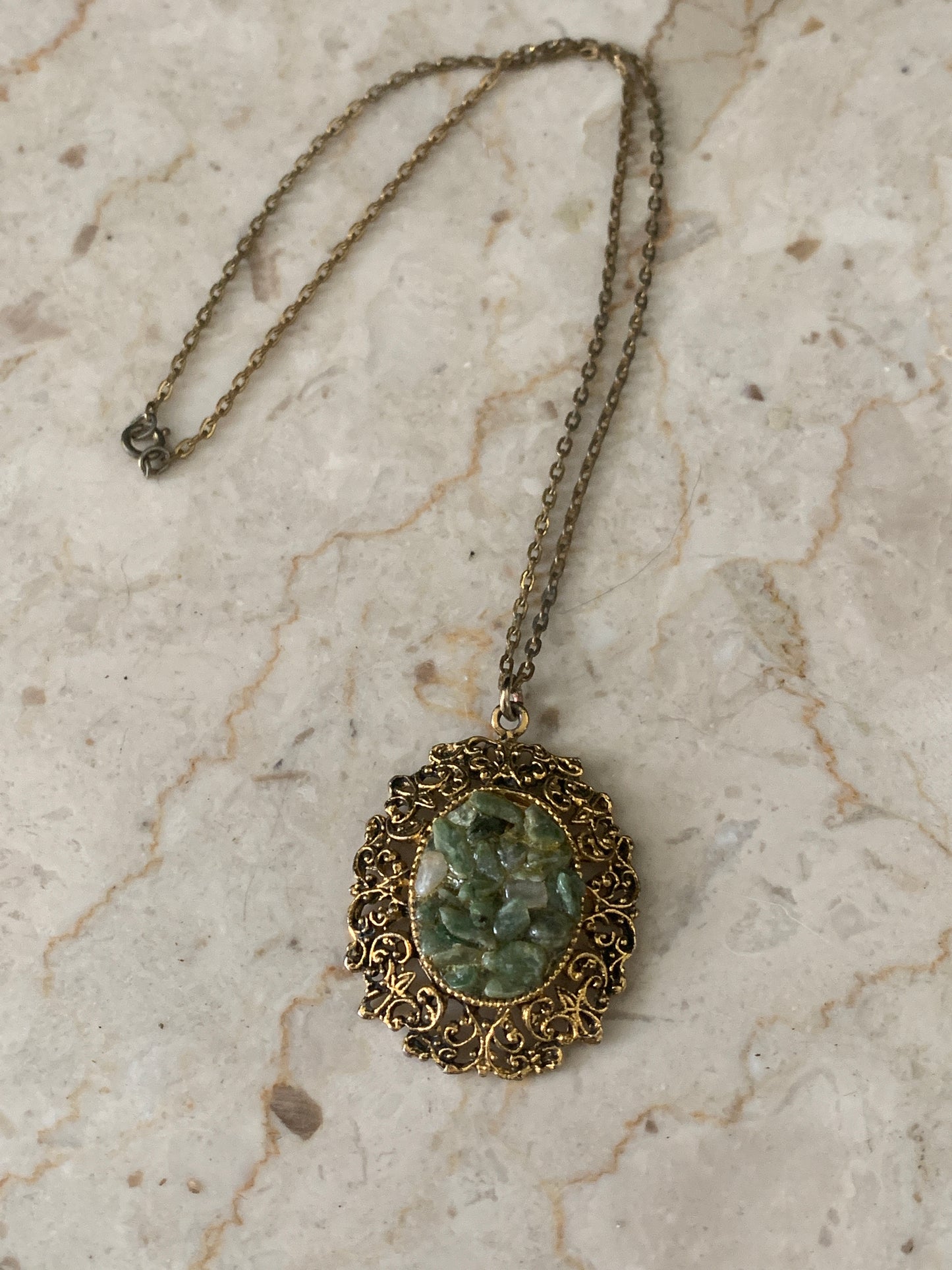 Jade Chip Necklace Large Green and Gold Pendant