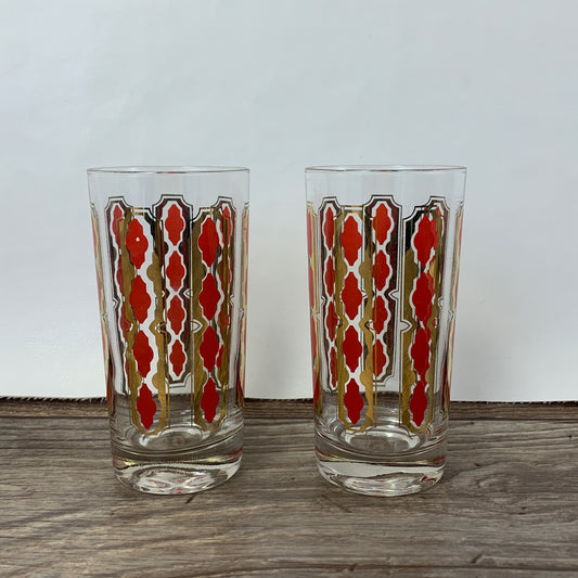 Red and Gold Vintage Collins Glasses, Tall Vintage Cocktail Glasses