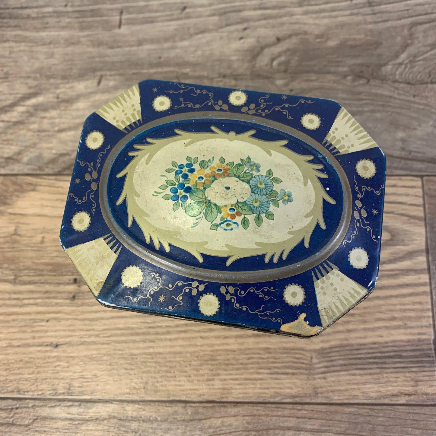 Blue and Yellow Vintage Tin with Floral Design