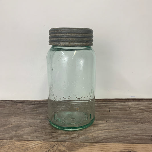 Crown Canning Jar with Green Tint and Clear Lid