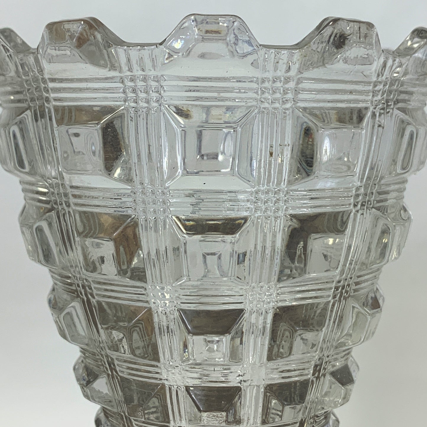 Antique Glass Vase with Square Pattern. Clear Pressed Glass Vase EAPG