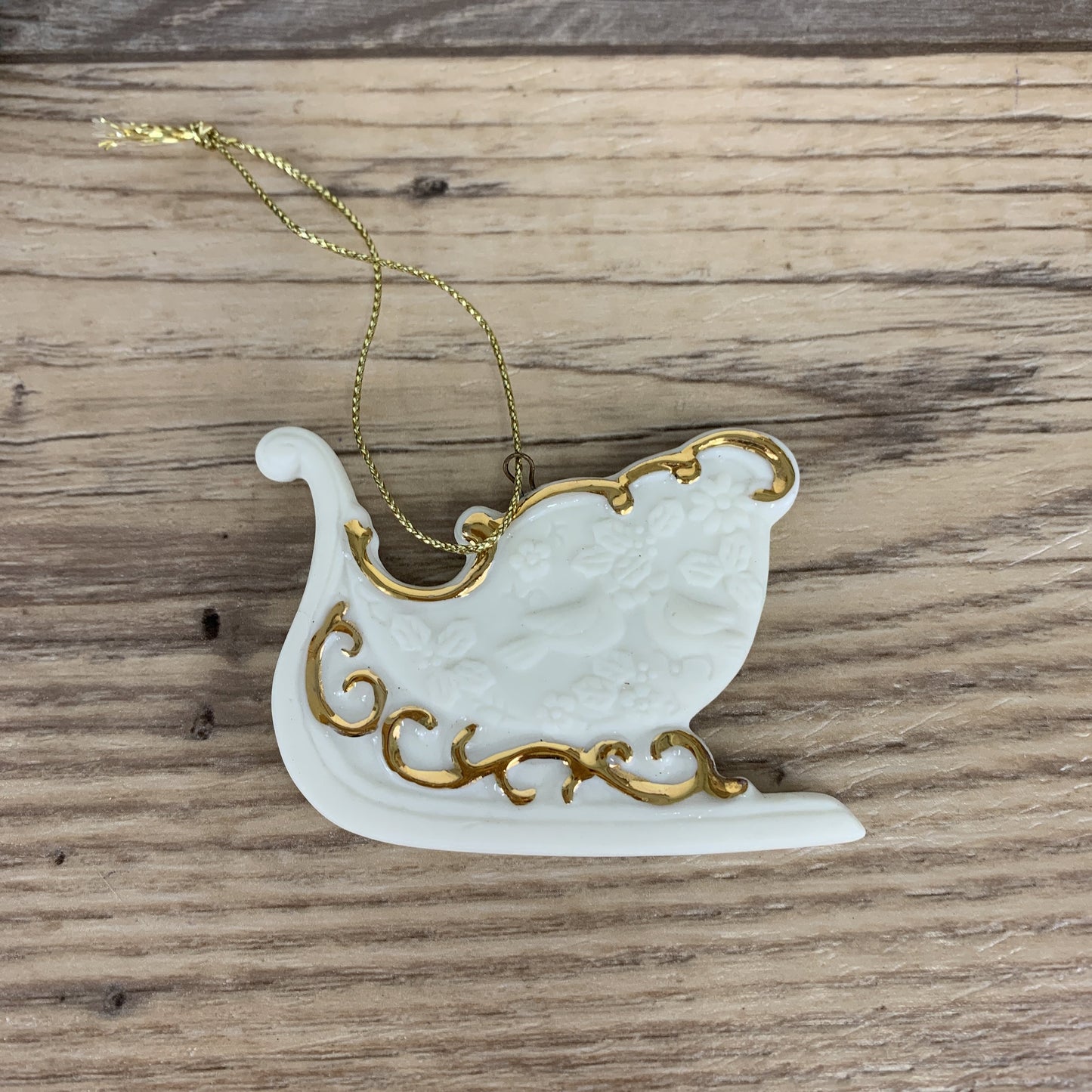 Avon Set of 3 Bisque Ornaments, Boxed Set Wreath, Angel, Sleigh White Porcelain with Gold Trim